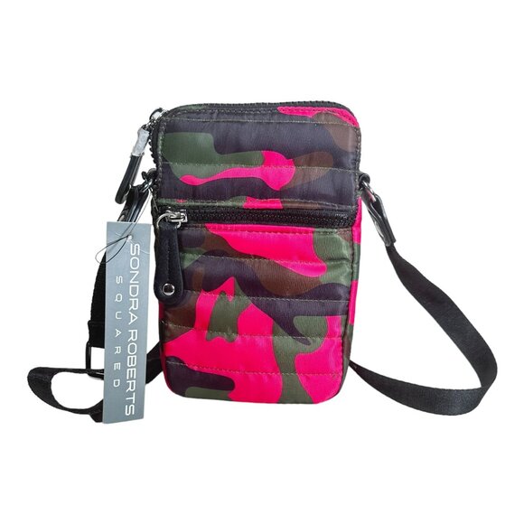 Sondra Roberts Squared Pink Green Multi Camo Crossbody Bag Shoulder Strap - Picture 1 of 8